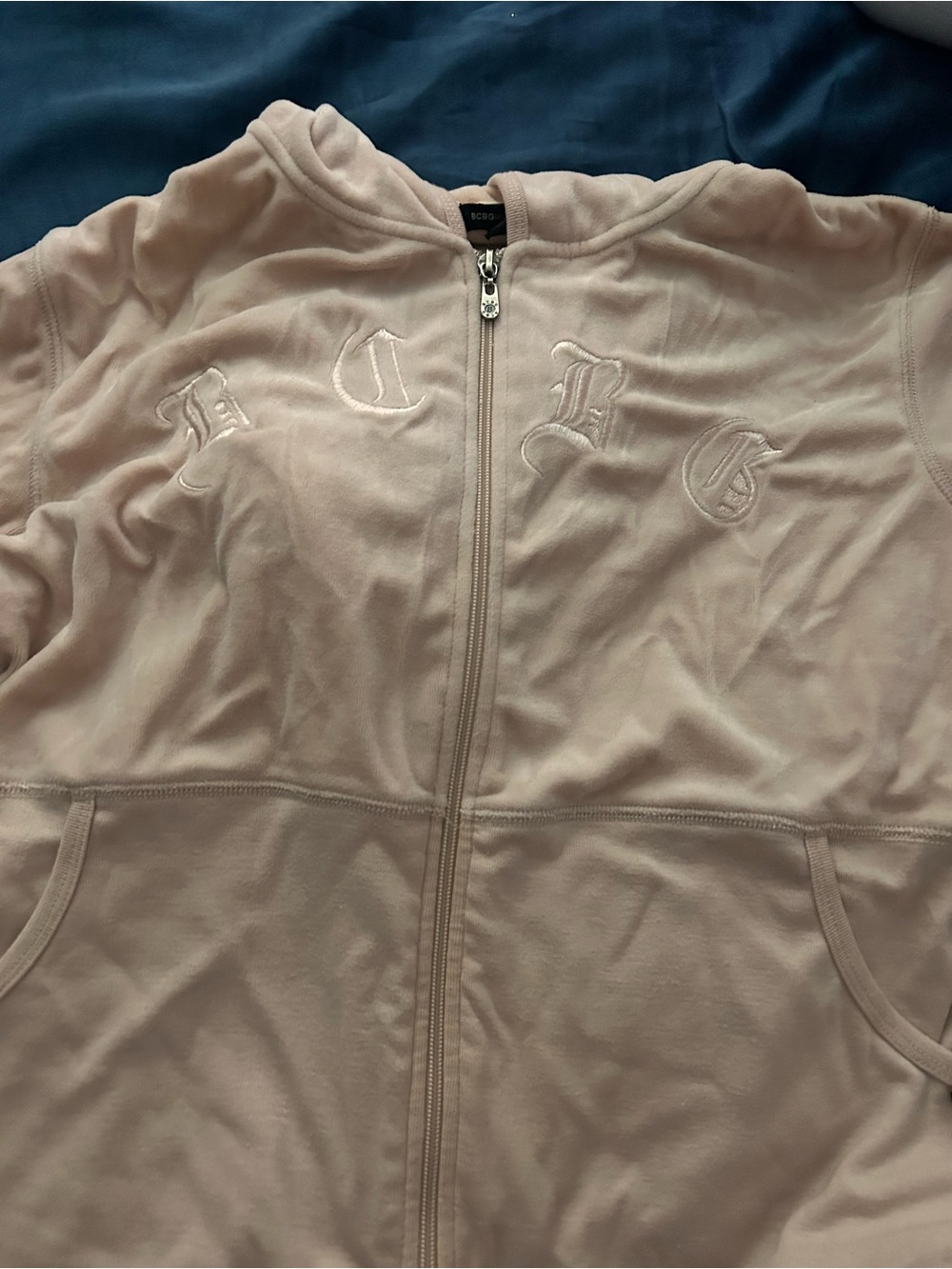 BCBG MAX AZRIA Y2K Pale Pink Peach Velour Zip-Up Hoodie Jacket
